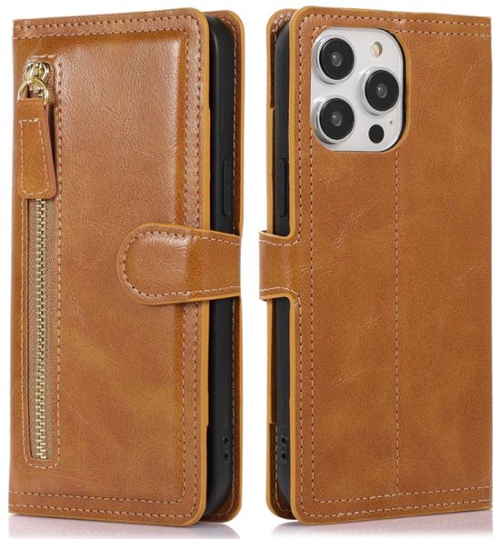 iPhone 16 Pro Hoesjes – Vintage Portemonnee Hoes – Pasjeshouder – Magneetsluiting – Lichtbruin-Ilumina Benelux