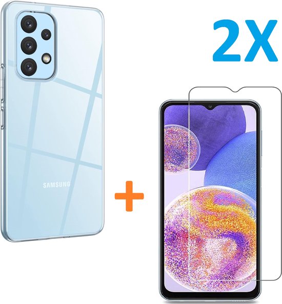 Samsung Galaxy A23 Hoesjes – Transparante Siliconen Backcover – 2 Pack Screenprotector Gehard Glas – Anti-kras-Ilumina Benelux