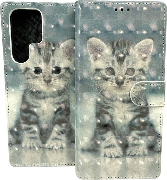 Samsung Galaxy S22 Ultra Hoesjes – Portemonnee Bookcase – Pasjeshouder – Magneetsluiting – Kat Print-Ilumina Benelux