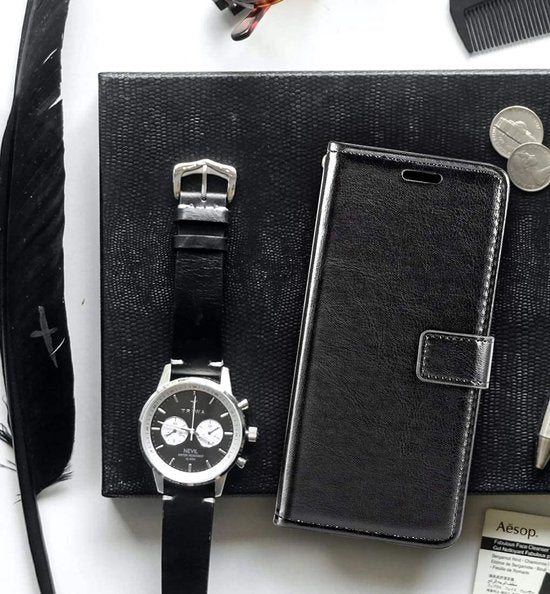 Bookcase Geschikt voor: Samsung Galaxy J5 (2016) Zwart - portemonnee hoesje met 1x Glas Screenprotector