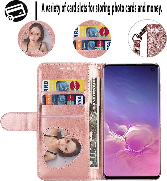 Samsung Galaxy S10 Hoesjes – Glitter Portemonnee Hoes – Rits & Koord – Roségoud-Ilumina Benelux