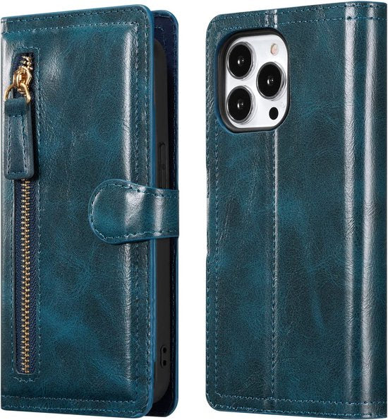 iPhone 15 Pro Max Hoesjes – Bookcase Flipcover met Ritssluiting – Magneetsluiting – 5 Pasjeshouder – Blauw-Ilumina Benelux