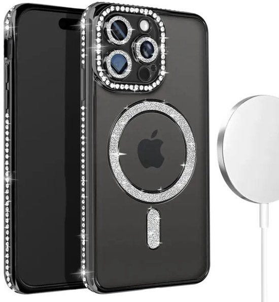 iPhone 15 Pro Max Hoesjes – MagSafe Glitter Backcover – Diamantjes – Glamour – Zwart-Ilumina Benelux