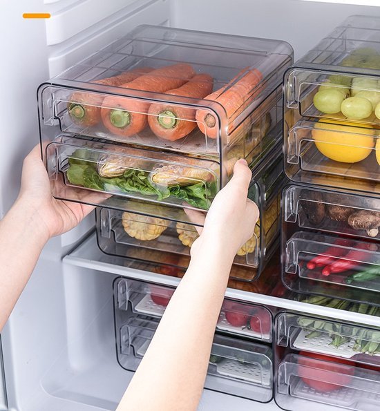 Koelkast organizer – Stapelbare PET opbergbox lade – Voor groente, fruit & vlees – 24×21,5×14 cm – Transparant-Keukenkastorganizer-Ilumina Benelux