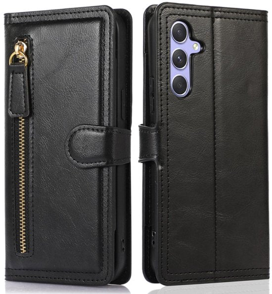 Bookcase Geschikt voor: Samsung Galaxy S25 FE / S25FE met ritssluiting - Hoesje Flipcover - Magnetisch - 5 kaarten houder - Zwart
