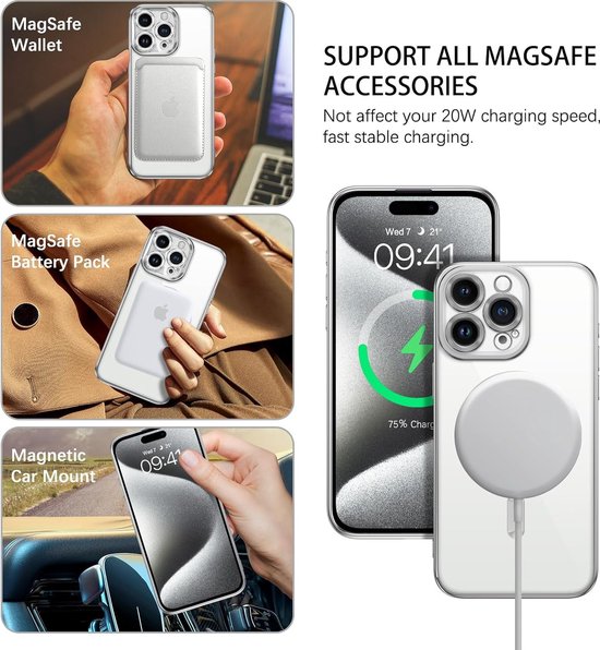 iPhone 15 Hoesjes – Magnetische Clear Siliconen Backcover – Camera Lens Protector – MagSafe – Zilver-Ilumina Benelux