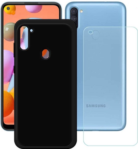Silicone hoesje zwart met 2 Pack Screenprotector Glas Geschikt voor: Samsung Galaxy M11