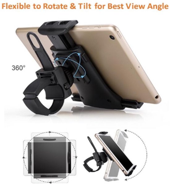 Universele Fiets Tablethouder – 360° Draaibaar – 4-11 inch Tablets & Smartphones – Stuurhouder voor Loopband, Hometrainer, Kinderwagen, Racefiets Geschikt voor iPad, iPhone, Samsung