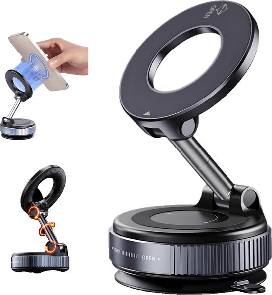 Telefoonhouder auto – Magnetisch vacuüm – 360° draaibaar & opvouwbaar – Geschikt voor iPhone 16/15/14/13 – Zwart-Ilumina Benelux
