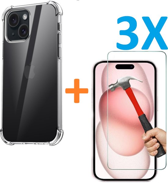 iPhone 15 Plus Hoesjes – Schokbestendige Siliconen Backcover – 3-Pack Screenprotector Gehard Glas – Transparant-Ilumina Benelux