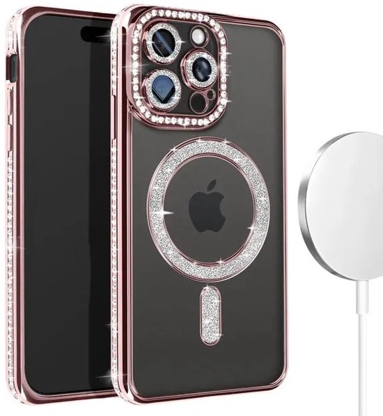 iPhone 13 Hoesjes – MagSafe Glitter Backcover – Diamantjes – Glamour – Roségoud-Ilumina Benelux