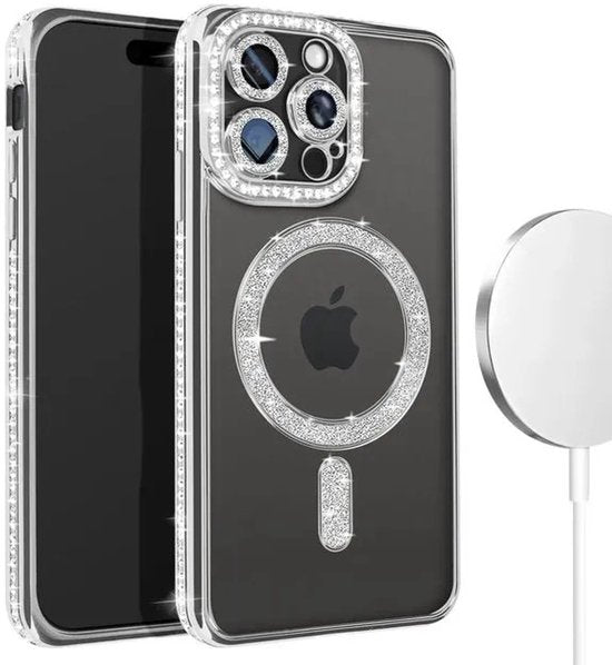 iPhone 13 Pro Max Hoesjes – MagSafe Glitter Backcover – Strass Diamantjes – Glamour – Zilver-Ilumina Benelux