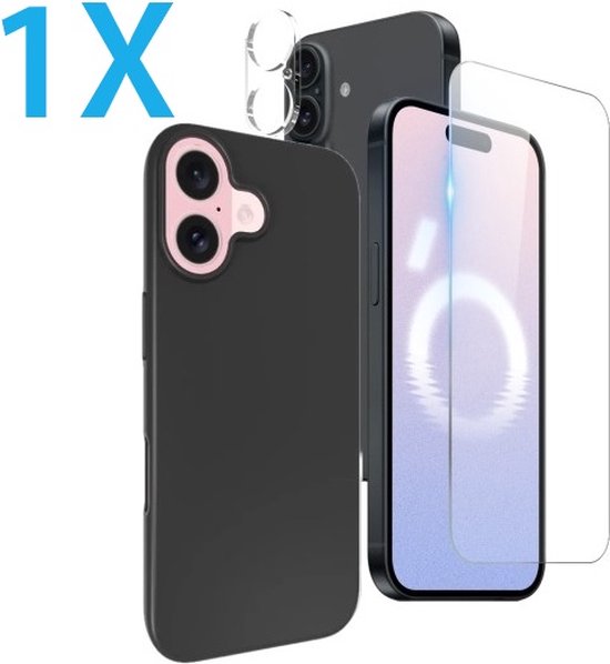 iPhone 16 Hoesjes – Siliconen Backcover – Screenprotector Gehard Glas – Camera Lens Protector – Zwart-Ilumina Benelux