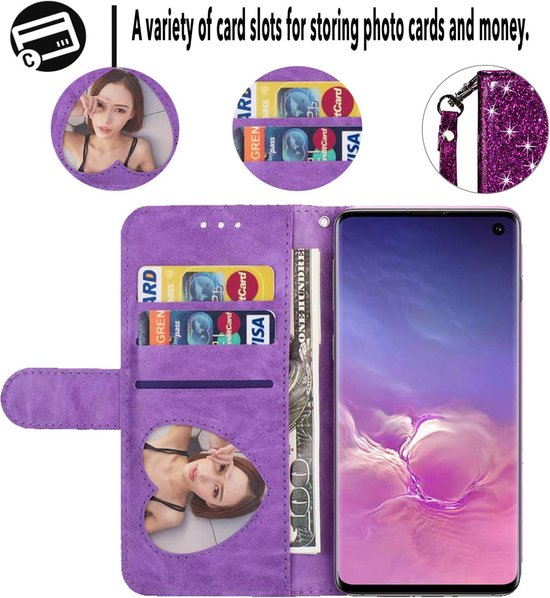 Samsung Galaxy S10 Hoesjes – Glitter Portemonnee Hoes – Rits & Koord – Paars-Ilumina Benelux