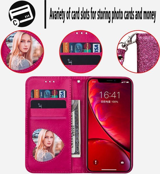 iPhone 14 Pro Max Hoesjes – Glitter Portemonneehoes – Rits & Koord – Pasjeshouder – Roze-Ilumina Benelux