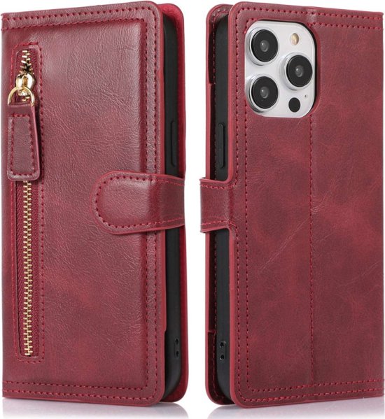 iPhone 15 Pro Max Hoesjes – Bookcase Portemonnee – Ritssluiting – Magnetische Flipcover – 5 Pasjeshouder – Rood-Ilumina Benelux