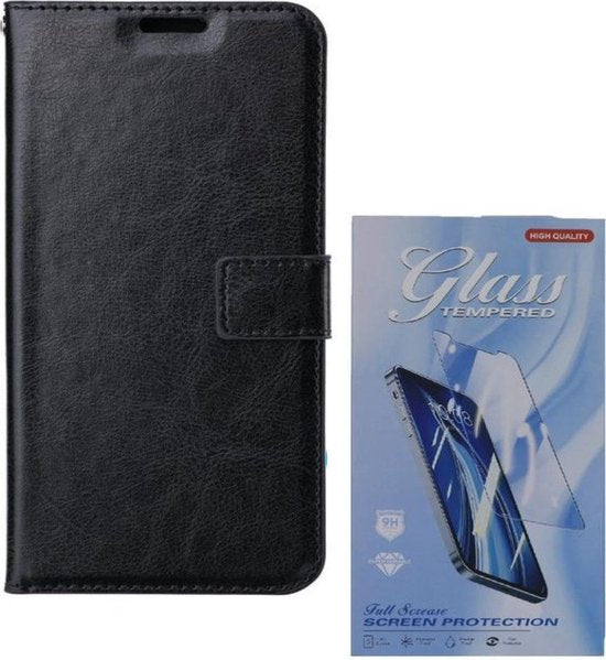 Motorola Moto E6i Hoesjes – Portemonnee Hoes – Pasjeshouder – Magneetsluiting – Zwart + 2x Screenprotector-Ilumina Benelux