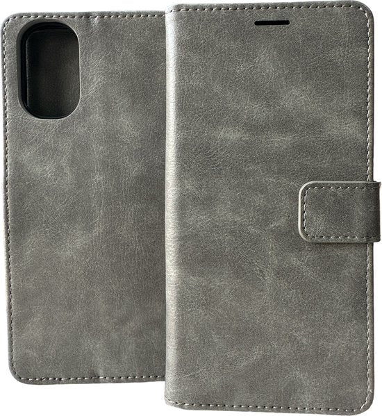 Motorola Moto E32 Hoesjes – Portemonnee Bookcase – Pasjeshouder – Magneetsluiting – Grijs-Ilumina Benelux