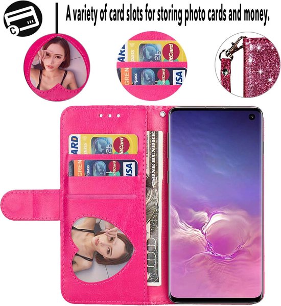 Sparkly Glitter Wallet Hoesje met Rits & Koord Geschikt voor: Samsung Galaxy S10 - Roze
