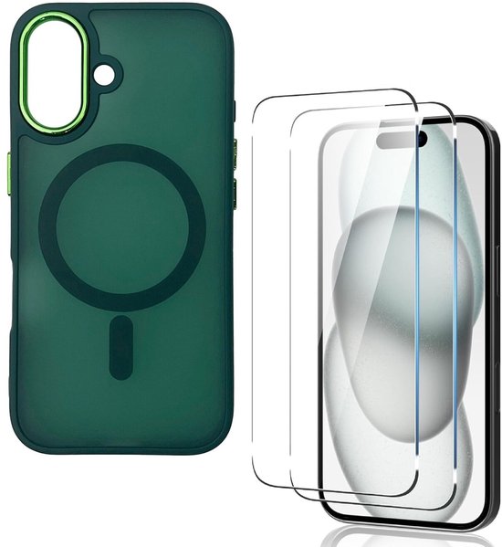 iPhone 16 Plus Hoesjes – Magnetische MagSafe Backcover – Matte Achterkant – 2x Screenprotector – Groen-Ilumina Benelux