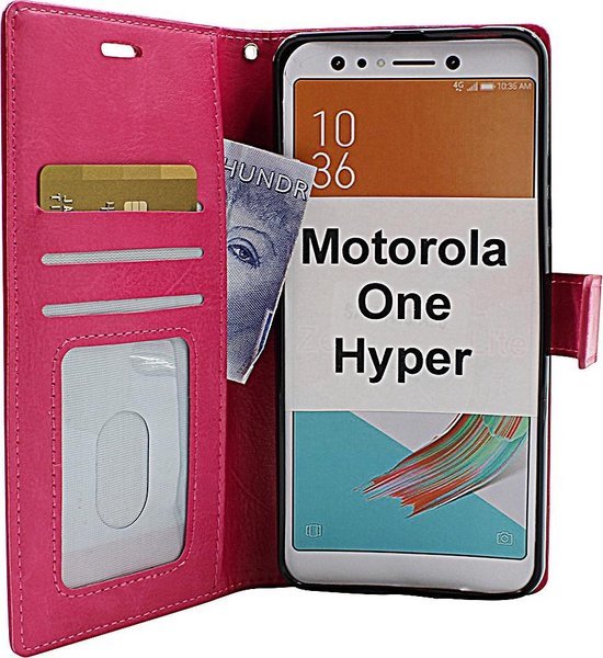 Motorola One Hyper Hoesjes – Portemonnee Book Case – Pasjeshouder – 2x Screenprotector – Roze-Ilumina Benelux
