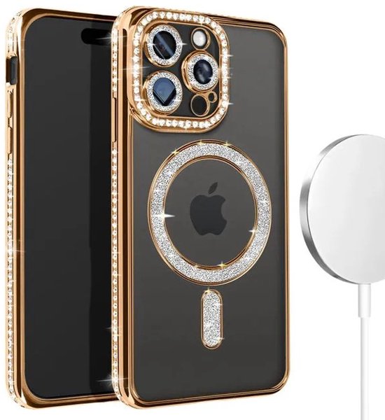 iPhone 15 Pro Max Hoesjes – MagSafe Glitter Backcover – Diamantjes – Glamour – Goud-Ilumina Benelux