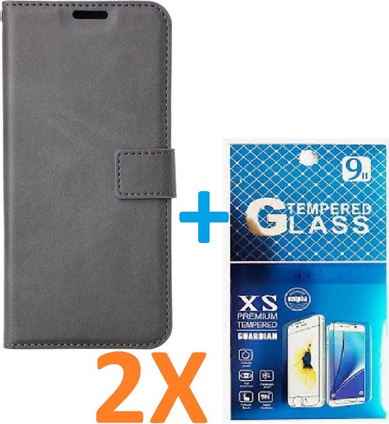 iPhone 14 Hoesjes – Portemonnee Book Case – Pasjeshouder – 2x Screenprotector Gehard Glas – Grijs-Ilumina Benelux