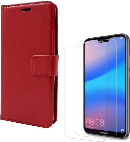Huawei P20 Lite Hoesjes – Portemonnee Backcover – Pasjeshouder – 2x Screenprotector – Rood-Ilumina Benelux