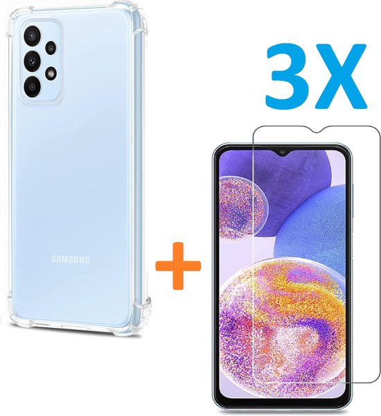 Samsung Galaxy A23 Hoesjes – Siliconen Backcover – Schokbestendig – 3 Pack Screenprotector Gehard Glas – Transparant-Ilumina Benelux