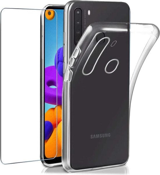 Samsung Galaxy A21 Hoesjes – Transparante TPU Siliconen Backcover – Inclusief 2x Gehard Glas Screenprotector – Anti Kras-Ilumina Benelux