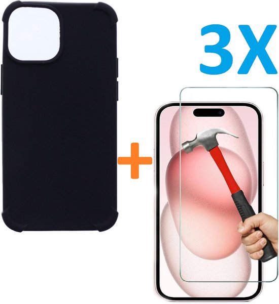 iPhone 15 Plus Hoesjes – Schokbestendige Siliconen Backcover – 3 Pack Screenprotector Gehard Glas – Zwart-Ilumina Benelux