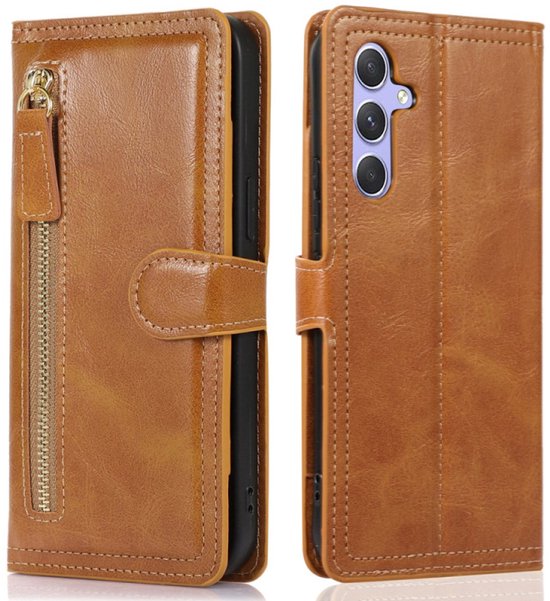 Samsung Galaxy A25 Hoesjes – Vintage Portemonnee Hoes – Pasjeshouder – Magneetsluiting – Lichtbruin