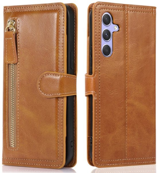 Samsung Galaxy A15 Hoesjes – Vintage Portemonnee Hoes – Pasjeshouder – Magneetsluiting – Lichtbruin-Ilumina Benelux