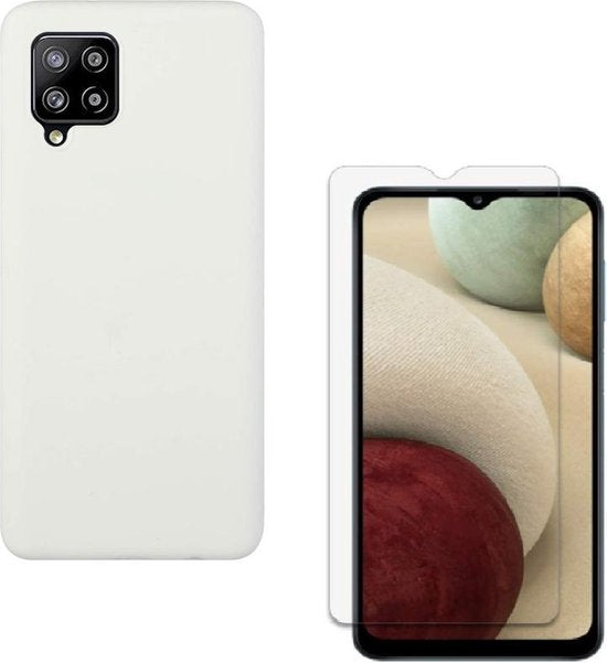 Samsung Galaxy A12 Hoesjes – Liquid Siliconen Backcover – Soft Touch – Flexibel – Wit + Screenprotector-Ilumina Benelux