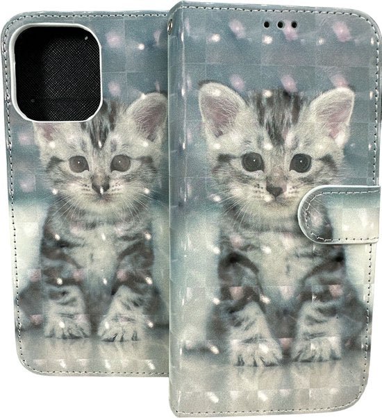 iPhone 14 Pro Hoesjes – Portemonnee Book Case – Pasjeshouder – Kat Print-Ilumina Benelux