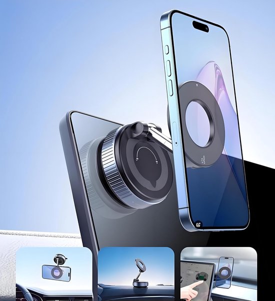 Telefoonhouder auto – Magnetisch vacuüm – 360° draaibaar & opvouwbaar – Geschikt voor iPhone 16/15/14/13 – Zwart-Ilumina Benelux