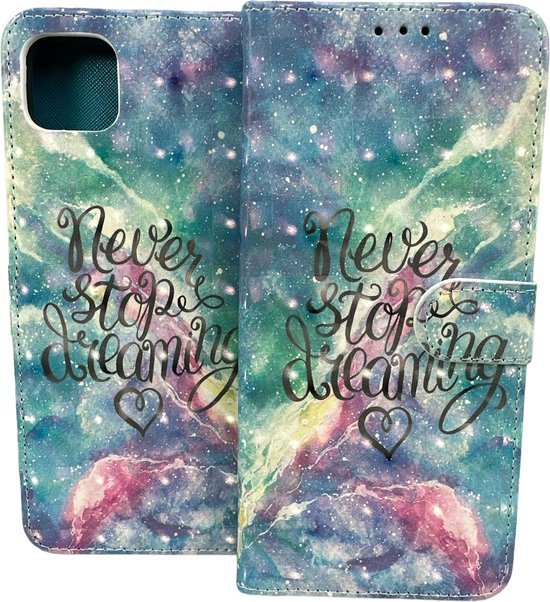 Samsung Galaxy A22 5G Hoesjes – Portemonnee Book Case – Pasjeshouder – Magneetsluiting – Never Stop Dreaming Print-Ilumina Benelux