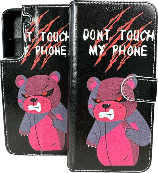 Samsung Galaxy S21 FE Hoesjes – Portemonnee Book Case – Pasjeshouder – Magneetsluiting – Don't Touch My Phone Print-Ilumina Benelux