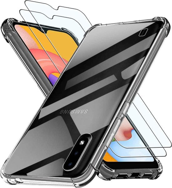 Samsung Galaxy A01 Hoesjes – Anti-Shock Hybride Backcover + 2x Screenprotector Gehard Glas – Transparant-Ilumina Benelux
