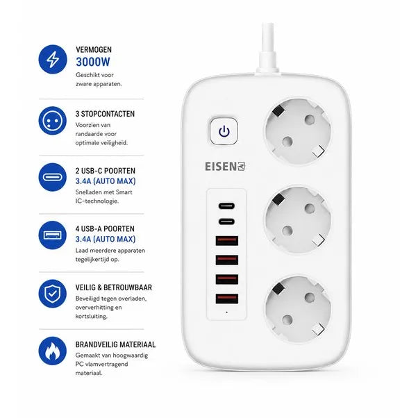 Stekkerdoos met USB en USB-C - 3 Stopcontacten - 4 USB + 2 USB-C - 3000W