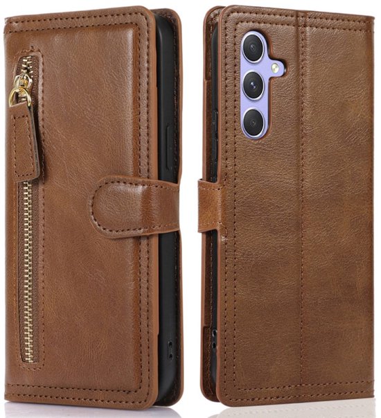 Samsung Galaxy A36/A56 5G Hoesjes – Portemonnee Flipcover met Ritssluiting – Magneetsluiting – 5 Pasjes – Donkerbruin-Ilumina Benelux