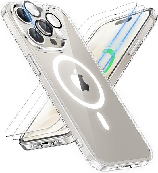 iPhone 15 Pro Hoesjes – MagSafe Magnetisch – Transparante Backcover – 2x Screenprotector – Camera Lens Protector – Helder-Ilumina Benelux