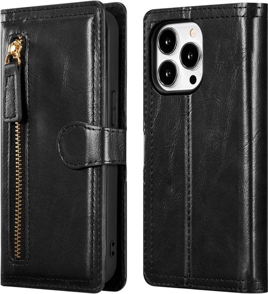 iPhone 16 Pro Hoesjes – Vintage Portemonnee Hoes – Pasjeshouder – Magneetsluiting – Zwart-Ilumina Benelux