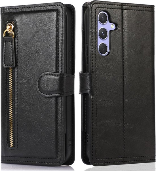 Bookcase Geschikt voor: Samsung Galaxy A05s met ritssluiting - Hoesje Flipcover - Magnetisch - 5 kaarten houder - Zwart