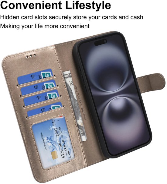 iPhone 16 Pro Hoesjes – 2-in-1 Portemonnee Case – Magnetisch Afneembaar – Magneetsluiting – Goud-Ilumina Benelux