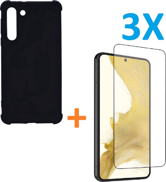 Samsung Galaxy S23 Plus Hoesjes – Siliconen Backcover – Schokbestendig – 3 Pack Screenprotector Gehard Glas – Zwart-Ilumina Benelux