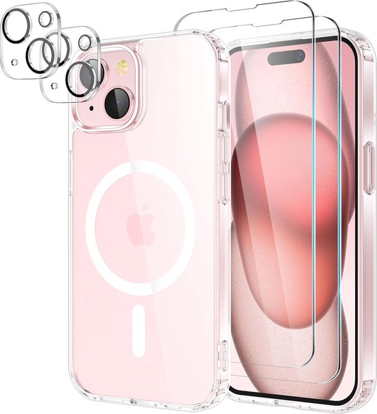 iPhone 15 Plus Hoesjes – Magnetische Backcover – MagSafe Compatibel – 2x Screenprotector + Camera Lens Protector – Doorzichtig-Ilumina Benelux