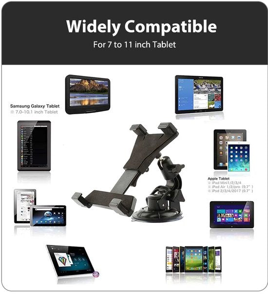Tablethouder auto – 360° draaibaar voorruit & dashboard – Voor 7-11 inch tablets en grote smartphones – Zwart