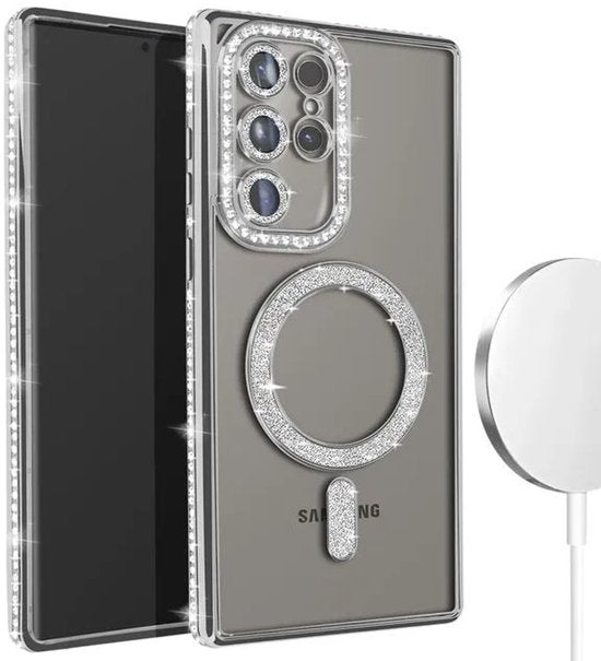 Samsung Galaxy S22 Ultra Hoesjes – MagSafe Glitter Backcover – Diamantjes – Glamour – Zilver-Ilumina Benelux