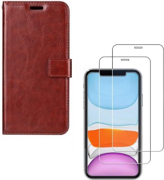 iPhone 11 Pro Max Hoesjes – Bookcase Portemonnee – Magneetsluiting – Inclusief 2x Screenprotector Gehard Glas – Bruin-Ilumina Benelux